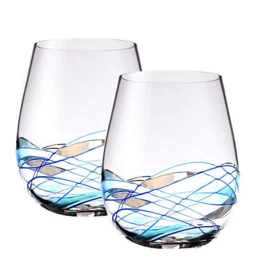 Bezrat Stemless Wine Glasses Set of Two | Hand Painted Large Premium Red and White Wine glasses | Lead-Free Crystal | Essential Wine Gift | 18 Ounces (Blue)