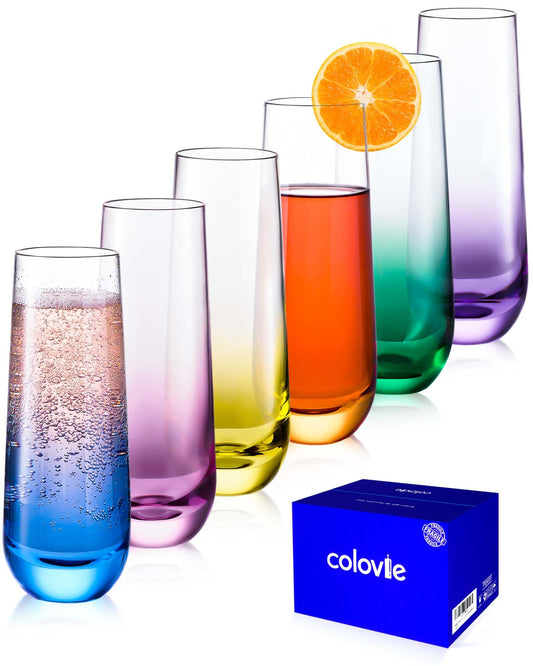 ColoVie Stemless Champagne Glasses Set of 6- Colored Champagne Flutes- Wedding Toasting Glass- Bridesmaid Gift- Mimosa Glass- Crystal Bar Glassware- Birthday Cocktail Party, 9.6oz