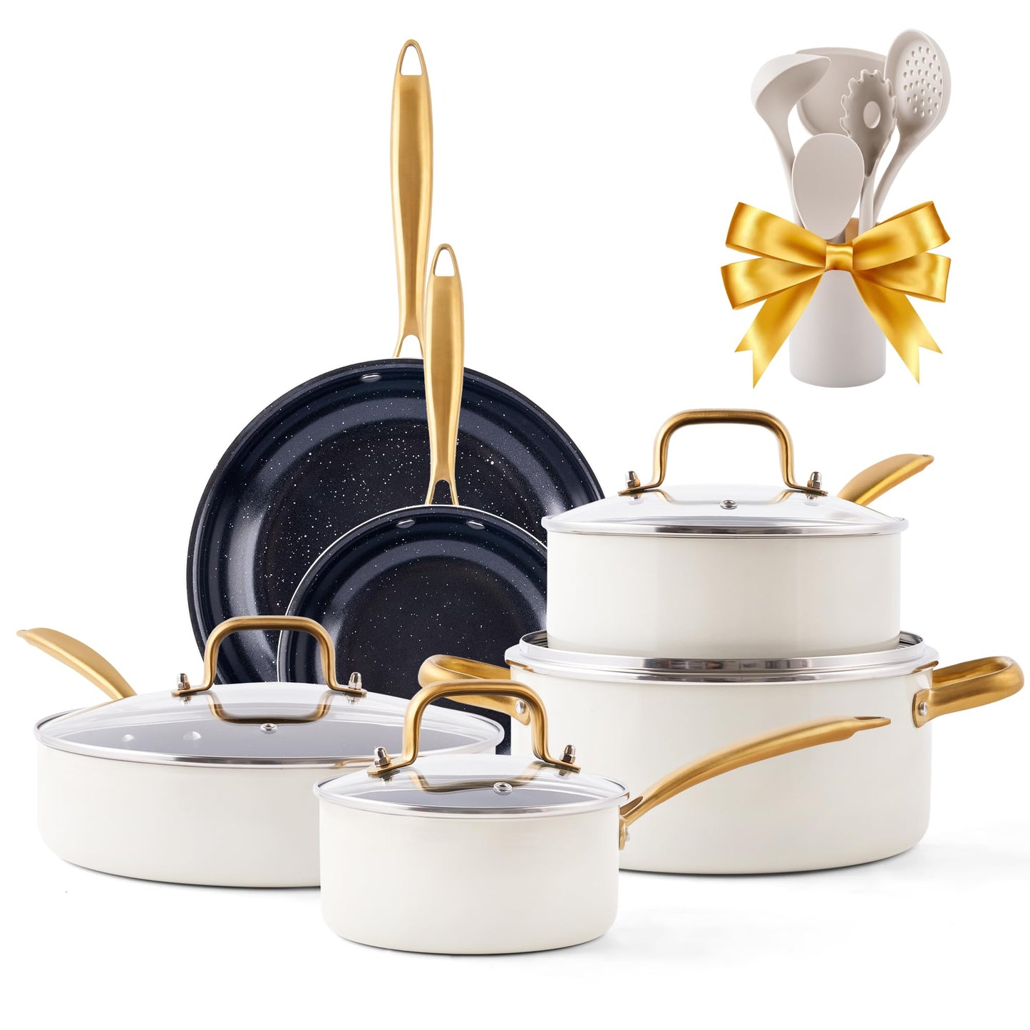 Ceramic Pots and Pans Set - 16-Piece Kitchen Cookware Sets Nontsick Non Toxic Cookware Set With Dutch Oven, Frying Pan, Saucepan, Sauté Pan, Cooking Utensils Set, Gold Pots and Pans for Cooking Set Gifts