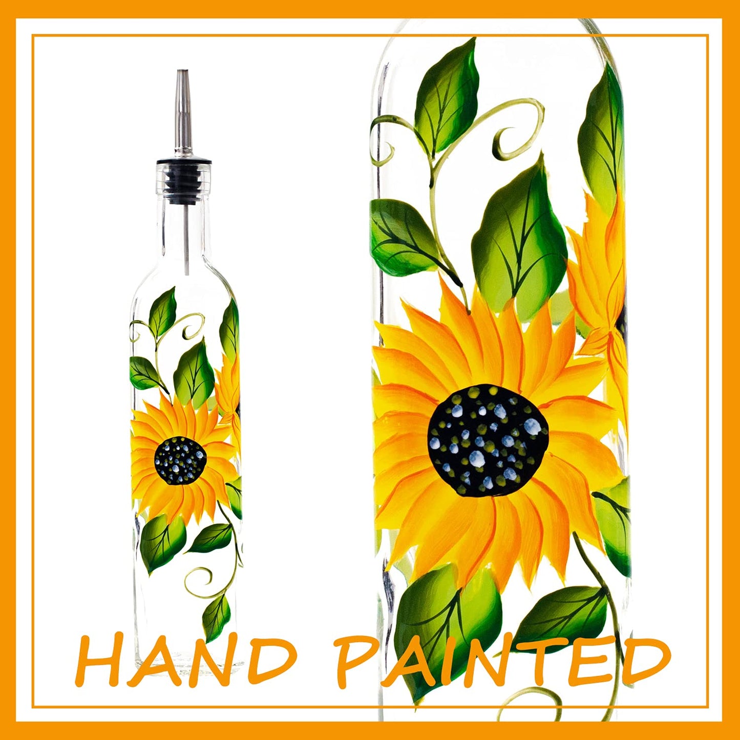 YIYUKODO 17oz Hand Painted Glass Olive Oil Bottle Dispenser - 500ml Green Oil & Vinegar Cruet with Pourers - Olive Oil Carafe Decanter for Kitchen (sunflower2)