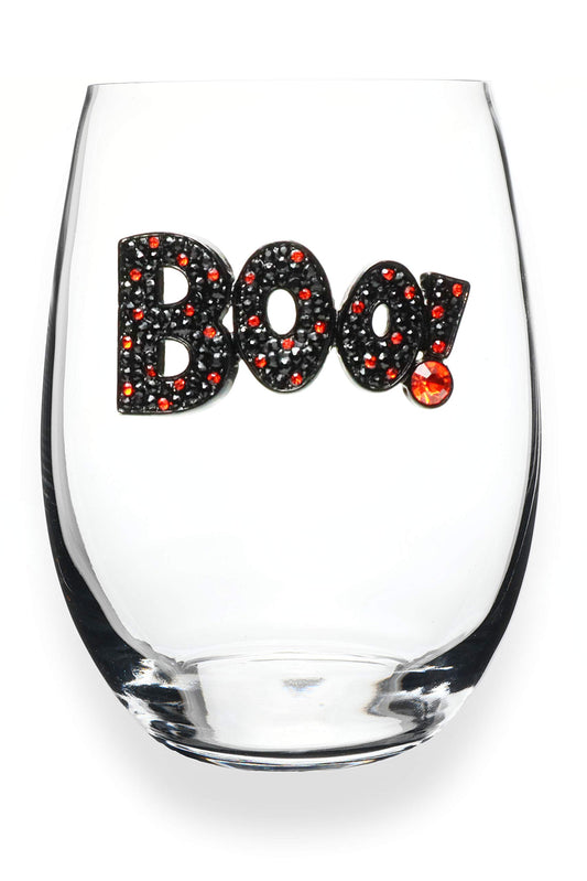 Halloween Boo Jeweled Stemless Wine Glass, 21 oz. - Unique Gift for Women, Birthday, Cute, Fun, Not Painted, Decorated, Bling, Bedazzled, Rhinestone