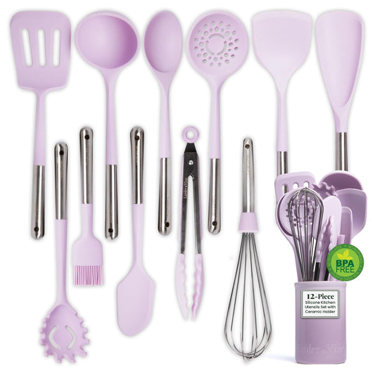 Lavender 12-Piece Silicone Cooking Utensils Set | Silicone Utensils with Stainless Steel Handle and Ceramic Holder | Kitchen Utensils Set | Dishwasher Safe Set of Kitchen Essentials | Lavender