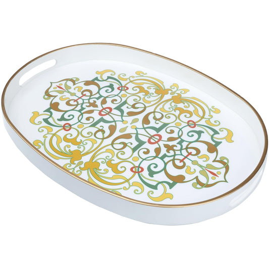 Omuriko Oval Plastic Serving Tray with Handles, Elegant Decorative Tray for Coffee Table, Ottoman, Living Room, Kitchen, and Outdoor Use