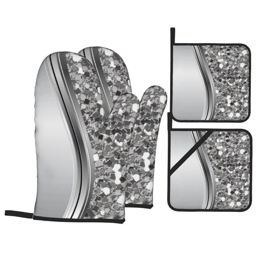 Silver Sparkle Glam Bling Oven Mitts and Pot Holders 4 Pcs Set,High Heat Resistant 500 Degree Extra Thicken Long Kitchen Cotton Oven Glove for Cooking