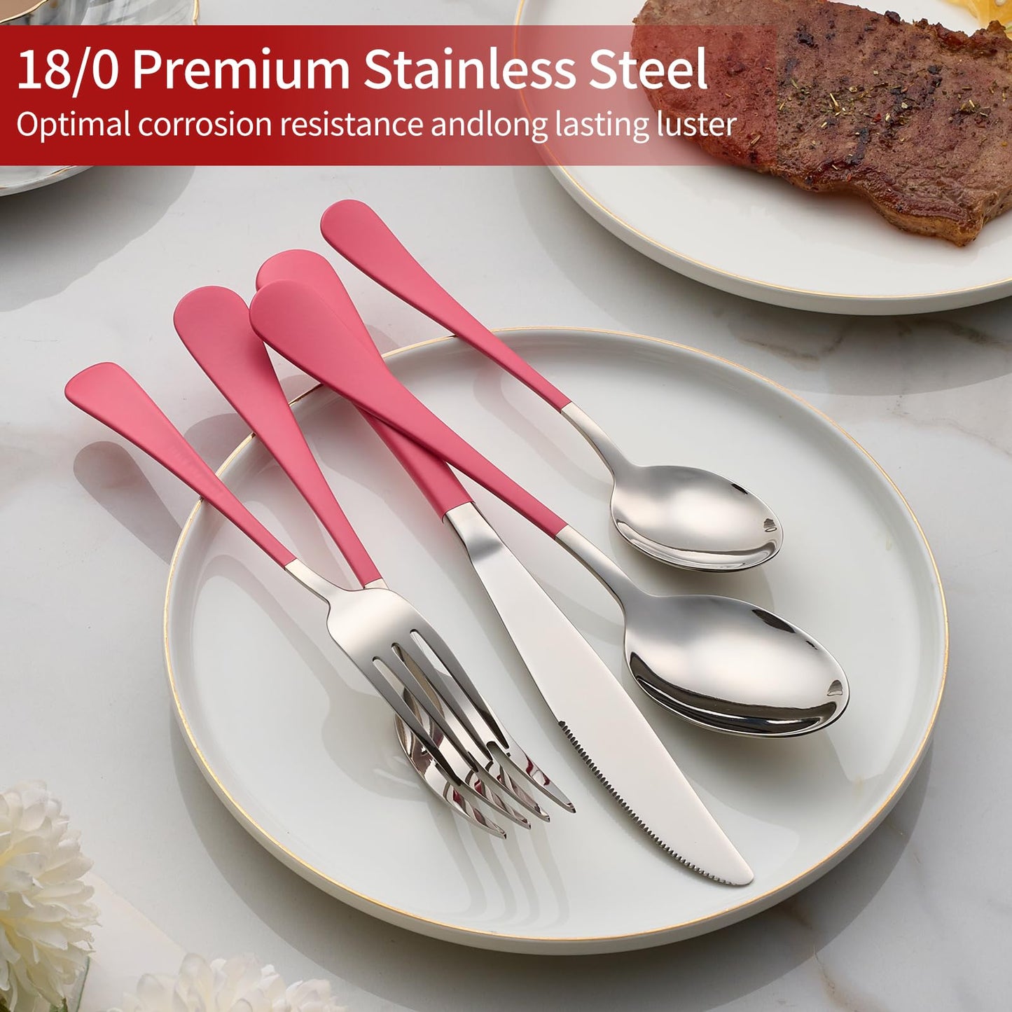 Cotton Candy Pink 20-Piece Silverware Set 18/0 Stainless Steel Flatware Pink Handle Cutlery Set Service for 4 Dinner Knives Forks Spoons Set Mirror Finish Dishwasher Saf