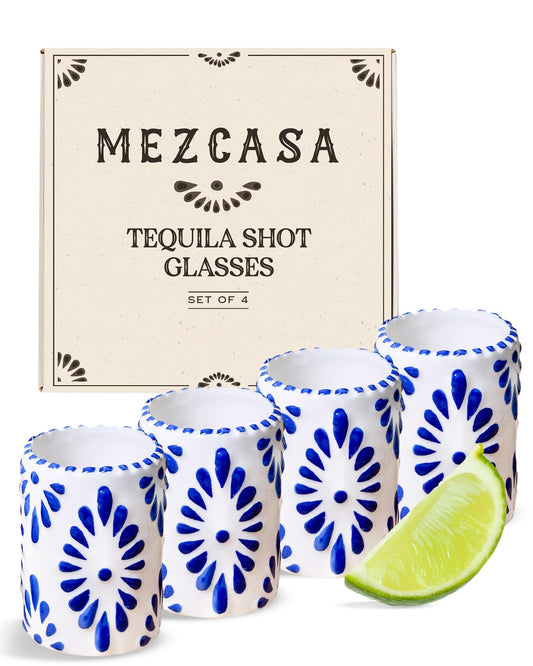 MEZCASA Talavera Shot Glasses — 100% Handmade Ceramic Tequila Shot Glasses with Talavera Mexican Pottery Design — Perfect Tequila Gifts for Women & Men for Any Occasion (BLUE | SET OF 4)