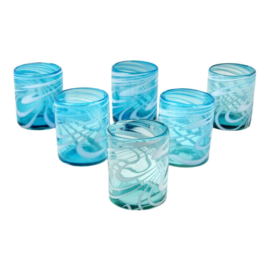 NOVICA Light Blue And White Swirl Hand Blown Glass Rock Glasses, 11 Oz, 'Whirling Aquamarine' (Set Of 6)