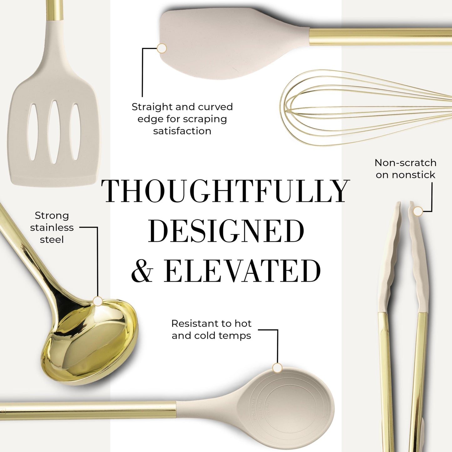 7-Piece Beige and Gold Kitchen Utensils Set – Non-Toxic Silicone and Stainless Steel Tools for Cooking, Serving, and Hosting – Ideal for Nonstick Cookware and Modern Kitchens, with Gold Utensil Holder