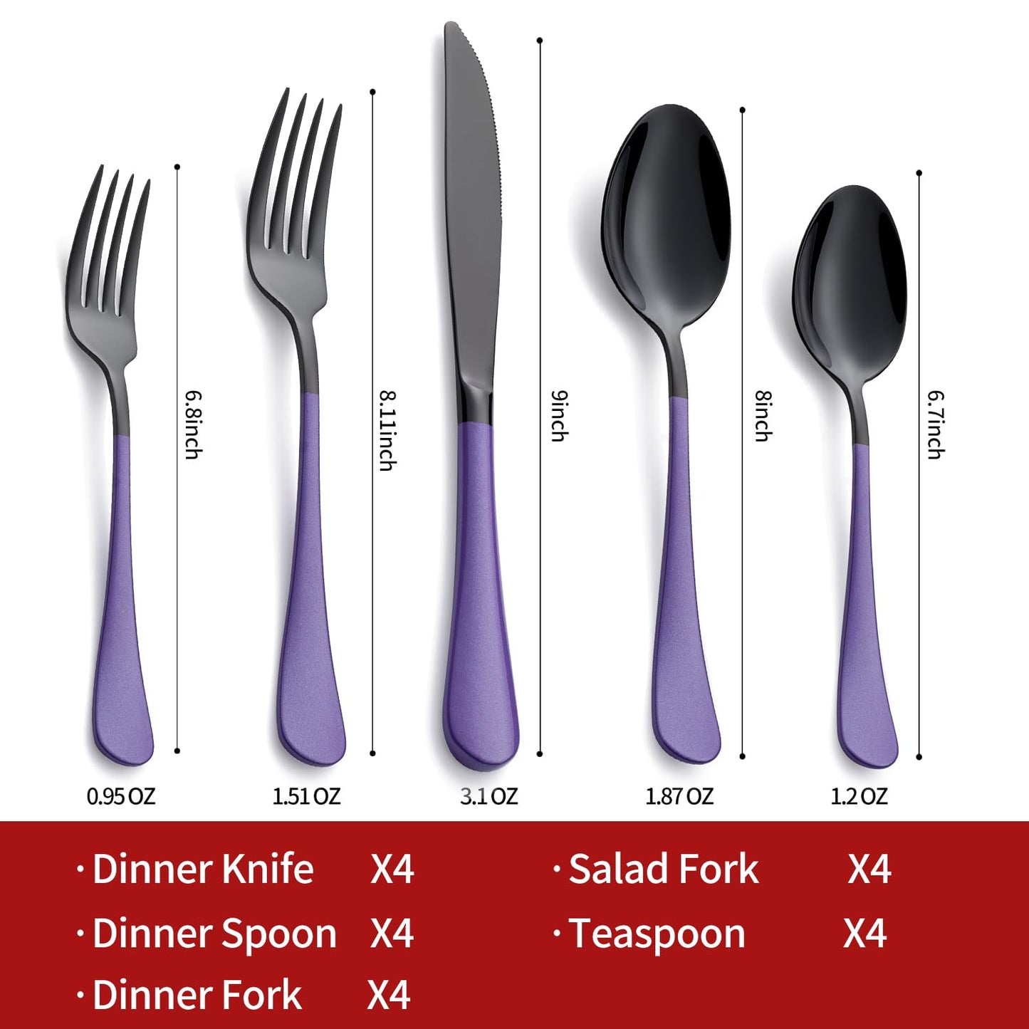Black and Purple 20-Piece Silverware Set 18/0 Stainless Steel Flatware Purple Handle Cutlery Set Service for 4 Dinner Knives Forks Spoons Set Mirror Finish Dishwasher Safe