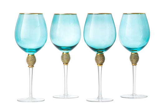 Large Blue Diamond Wine Glasses, Winter & Weddings, 10" H Gold Rim Rhinestone DIAMOND Studded Glasses - Wedding Glasses - 18oz, Premium Bling Designed Glassware, Crystal Long Stem Glass