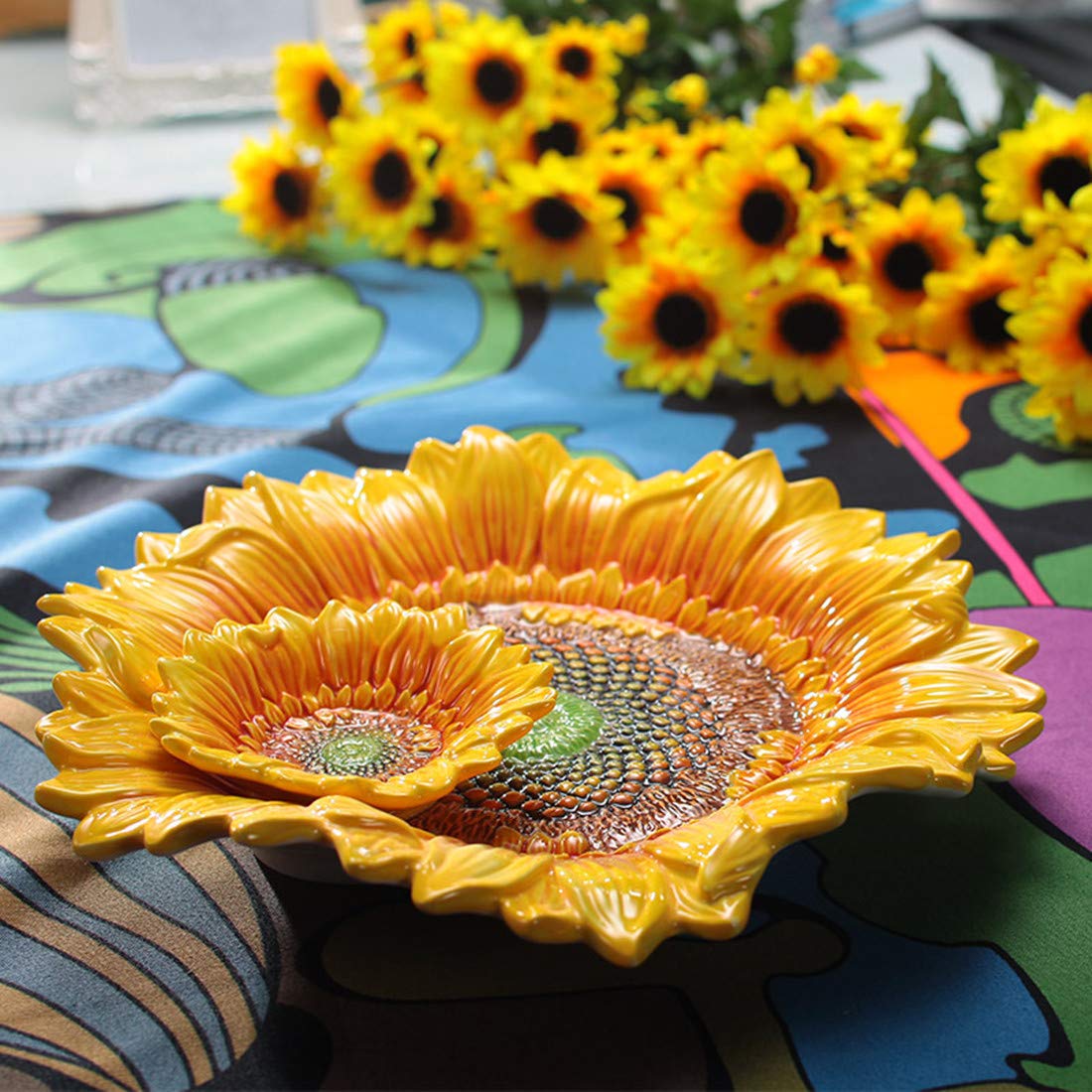Handpainted 11-Inch Ceramic Chip and Dip Platter with Sunflower Design