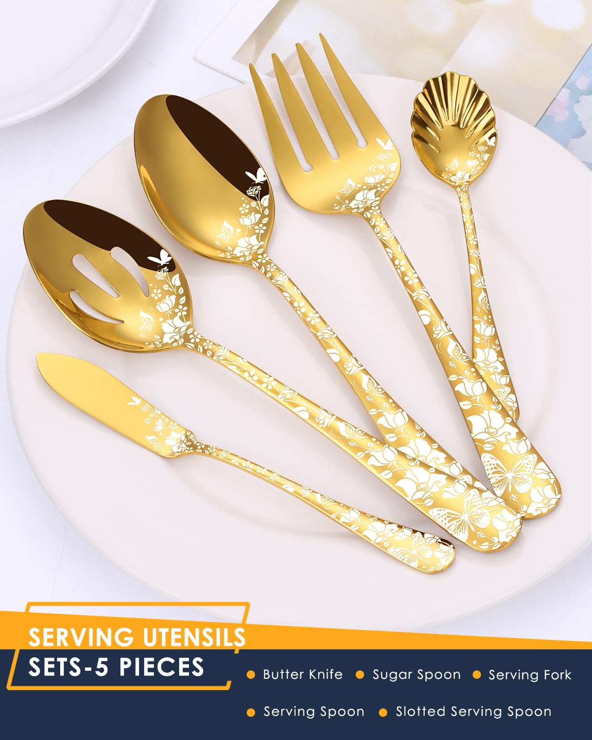 Stapava 53-Piece Gold Silverware Set with Serving Utensils, Stainless Steel Gold Flatware Cutlery Set, Mirror Eating Utensils Tableware with Butterfly Flower Laser, Dishwasher Safe