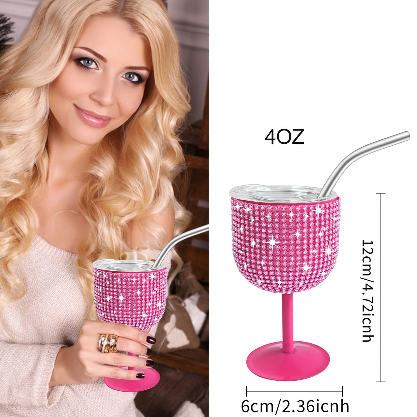 INSTOME Rhinestone Stainless Steel Wine Glasses,4oz Bling Stemmed Stainless Steel Wine Tumbler with Lid and Straw for Camping,Picnics,Travel,Birthday Gifts for Family (pink, 4oz)