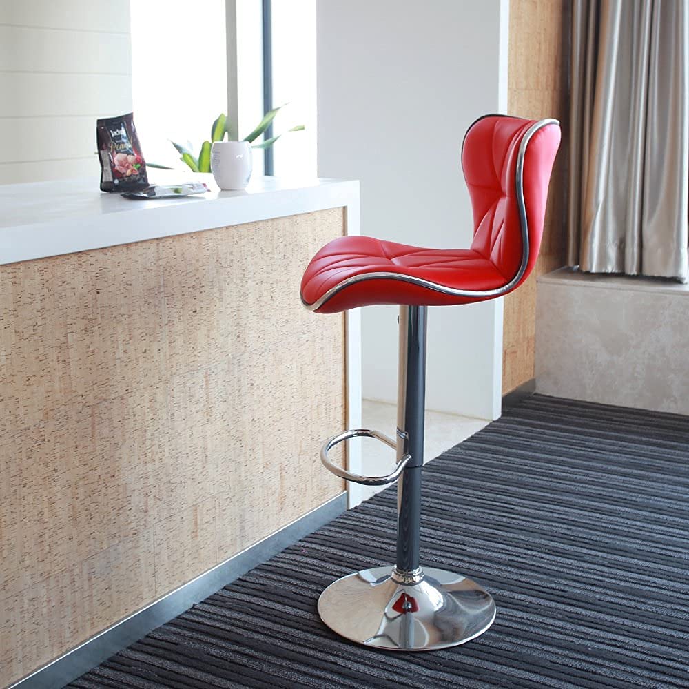 Leopard Shell Back Adjustable Swivel Bar Stools, PU Leather Padded with Back, Set of 2 (Red)