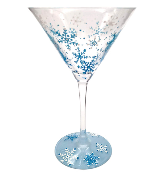 Blue and White Snowflake Martini Glass - Hand Painted - Winter, Pretty, Intricate Snow Flakes