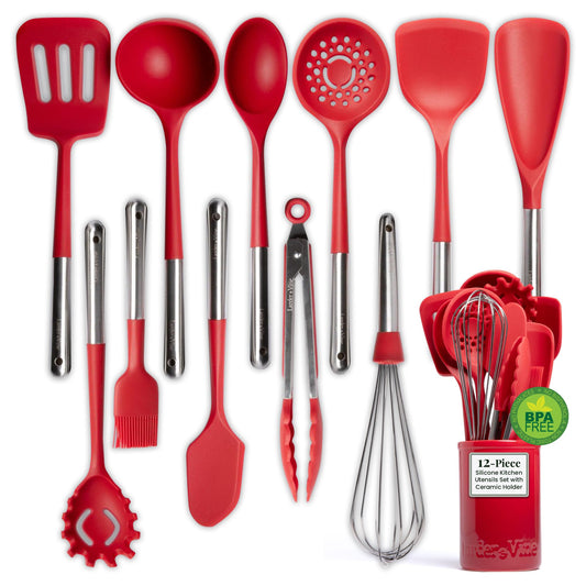Cabernet 12-Piece Silicone Cooking Utensils Set | Silicone Utensils with Stainless Steel Handle and Ceramic Holder | Kitchen Utensils Set | Dishwasher Safe Set of Kitchen Essentials | Cabernet
