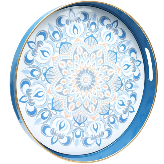 Round Blue Decorative Tray for Coffee Table, Ottoman, 13” Plastic Serving Platter Tray with Handles for Entertaining, Living Room