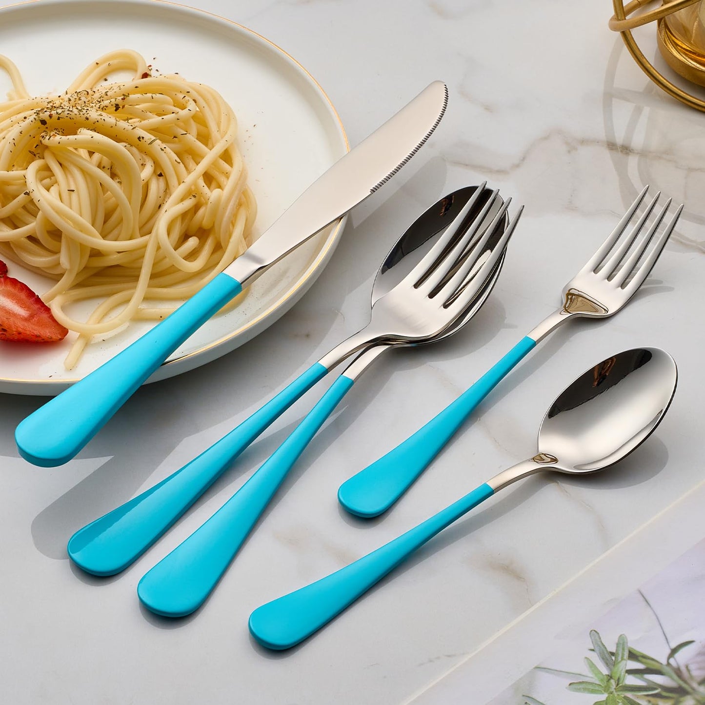 Bright Turquoise 20-Piece  Silverware Set 18/0 Stainless Steel Flatware Blue Handle Cutlery Set Service for 4 Dinner Knives Forks Spoons Set Mirror Finish Dishwasher Safe