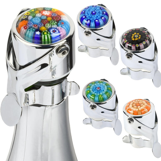 Wine & Champagne Stoppers 5 Pack – Professional Grade & Durable – Patented technology with an Airtight Seal Preserves Champagne, Wine, Cava & Prosecco – Millefiori Glass Top by Evan James Designs