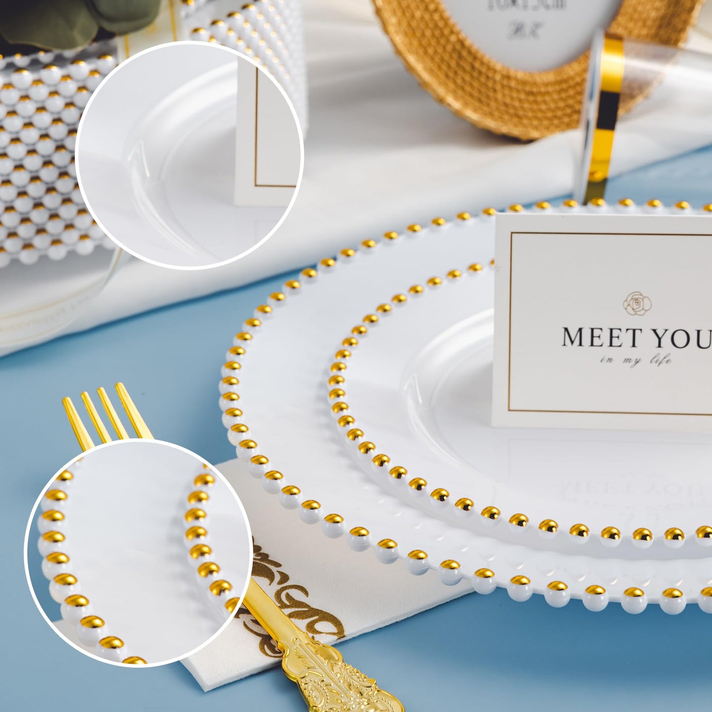 75-Piece Gold Bead-Rimmed Plastic Plate and Utensils Set, Heavy Duty Dinnerware Set Includes 15 Dinner Plates, 15 Dessert Plates, 15 Gold Plastic Forks, 15 Spoons, 15 Knives, Perfect for Parties and Weddings