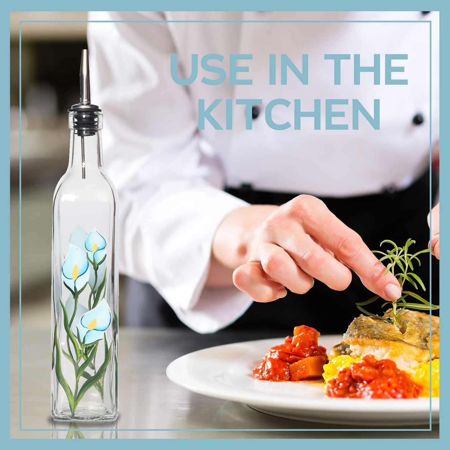 YIYUKODO 17oz Hand Painted Glass Olive Oil Bottle - 500ml Green Oil & Vinegar Cruet with Pourers - Olive Oil Carafe Decanter for Kitchen (Morning glory)