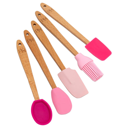 Paris Hilton Mini Silicone Spatula Set, Heat Resistant Kitchen Utensils Tool Set includes Mini rounded spatula, pointed spatula, spoon, all-purpose spatula and basting brush, 5-Piece, Pink