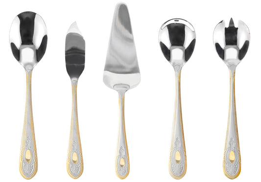 5 Piece Hostess Set - 18/10 Stainless Steel Serving Utensil Set - Gorgeous Vintage Handle with Gold Detailing - Dishwasher Safe - Silver and Gold Flatware Hostess Serveware (Amalfi)