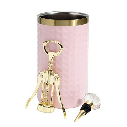 Paris Hilton Wine Bottle Chiller Set, Insulated Double Wall Chiller, Gold Winged Corkscrew Wine Bottle Opener, Diamond Wine Stopper, 3-Piece Set, Pink