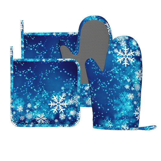Oven Mitts and Pot Holders Blue Snowflake Winter Christmas Silicone Kitchen Accessories Set of 4 Heat Resistant Long Gloves Potholder Non-Slip Grip for Chef Cooking Baking Grilling BBQ