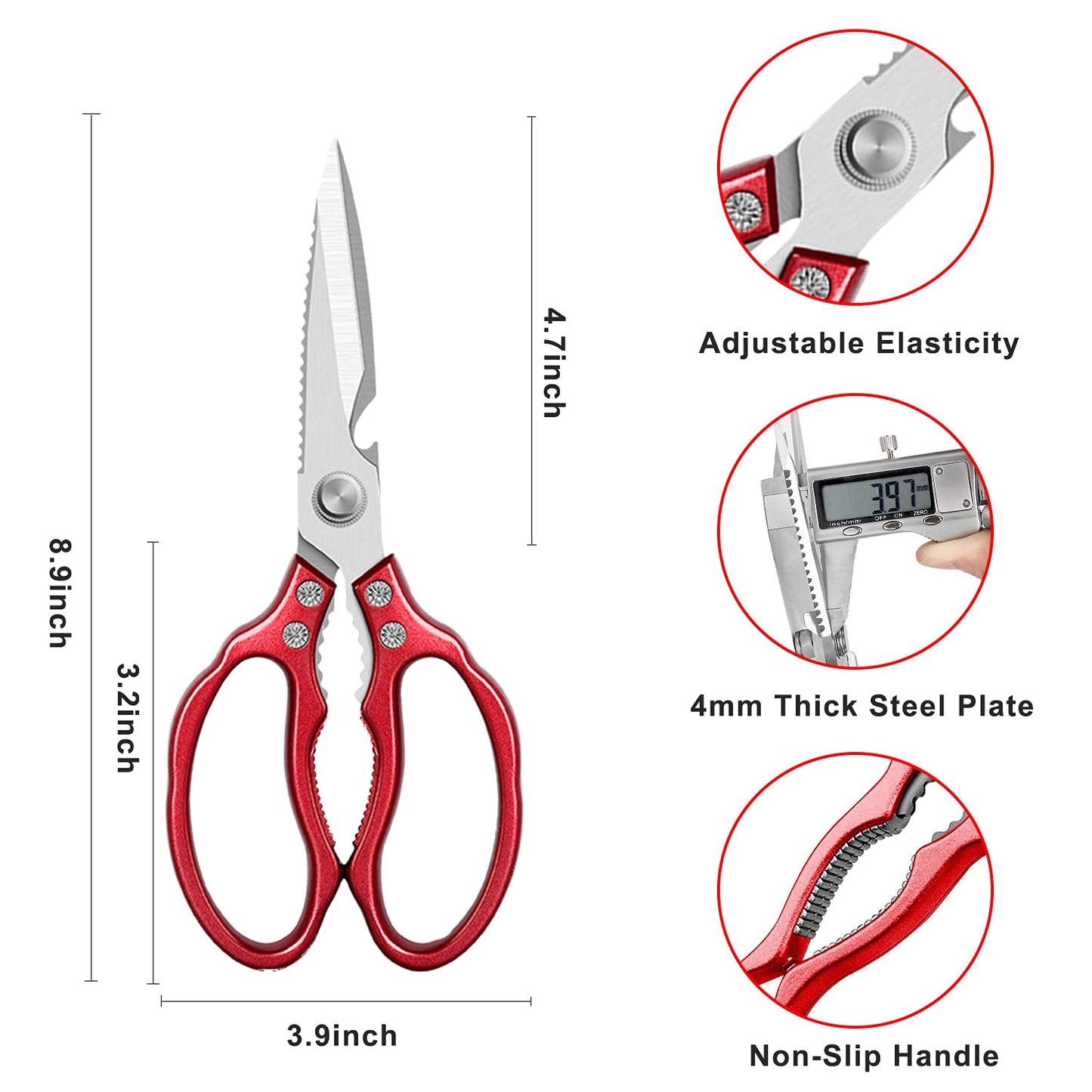Sharp, Heavy Duty Kitchen Shears Dishwasher Safe, Kitchen Accessories Cooking Shears for Kitchen Meat Chicken Fish Poultry Herb Bread (Red Handle)
