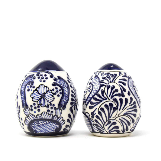 Global Crafts Encantada Handmade Hand-Painted Authentic Mexican Pottery, Salt and Pepper Shaker Set, Blue Flower (MC085F-K2)