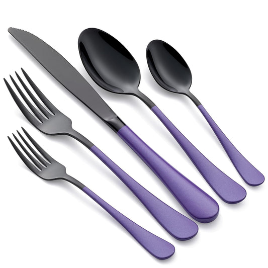 Black and Purple 20-Piece Silverware Set 18/0 Stainless Steel Flatware Purple Handle Cutlery Set Service for 4 Dinner Knives Forks Spoons Set Mirror Finish Dishwasher Safe