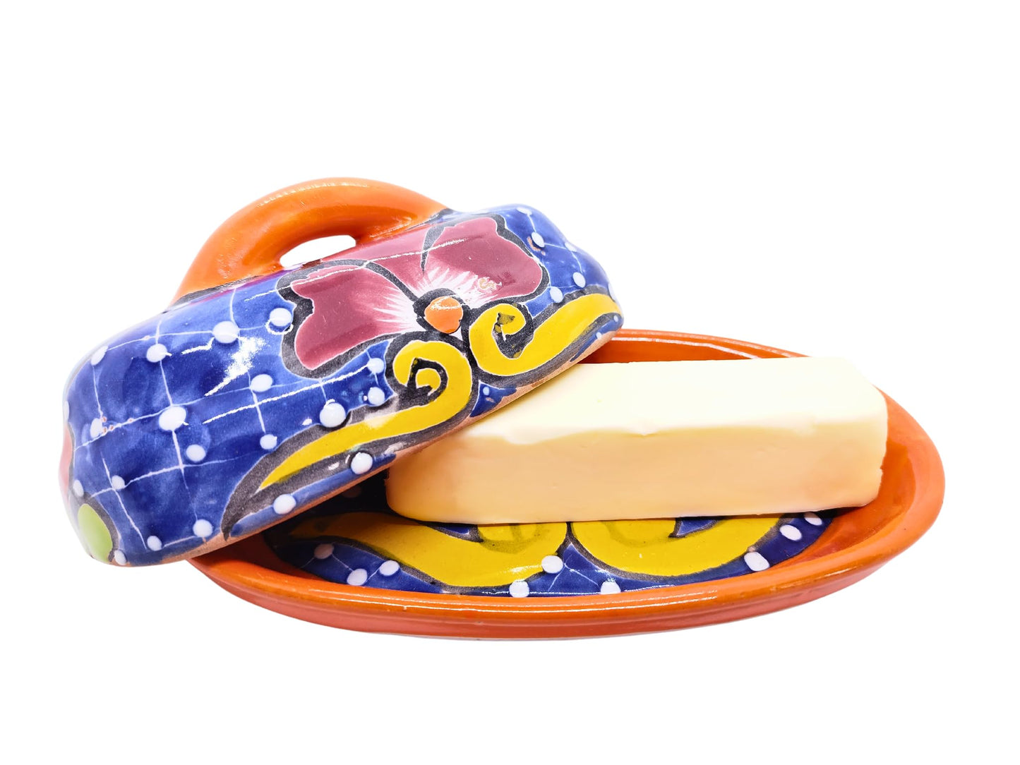 MEXTEQUIL - Butter Dish Ceramic Talavera with Lid Hand Painted Authentic Mexican Pottery Kitchen Floral Design (Orange)
