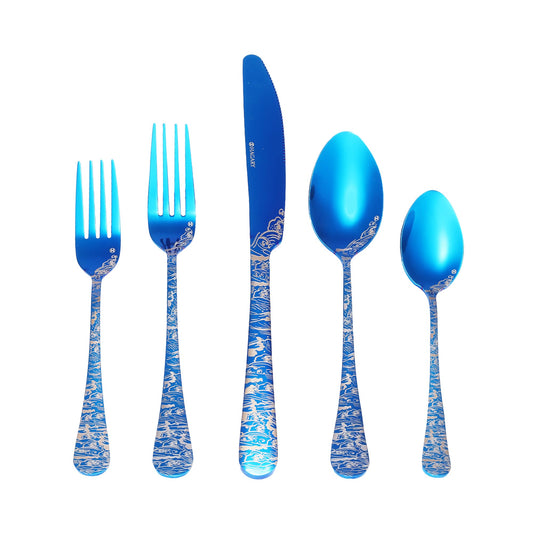 Blue Wave Cutlery Set - 20 Pieces of Stainless Steel Flatware Set Service for 4 Utensils For Home Kitchen Wedding Laser Engraved Dishwasher Safe All Blue