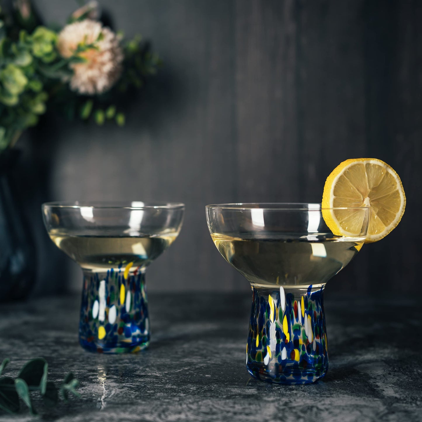 Margarita Glasses – Set of 4 - Luxury Hand Blown Confetti Margaritas, Cocktails, Water, Wine, Dessert, Martini & Champagne Cinco de Mayo, Hand Blown - Mexican Confetti Design Glass, Party, Home & Bar