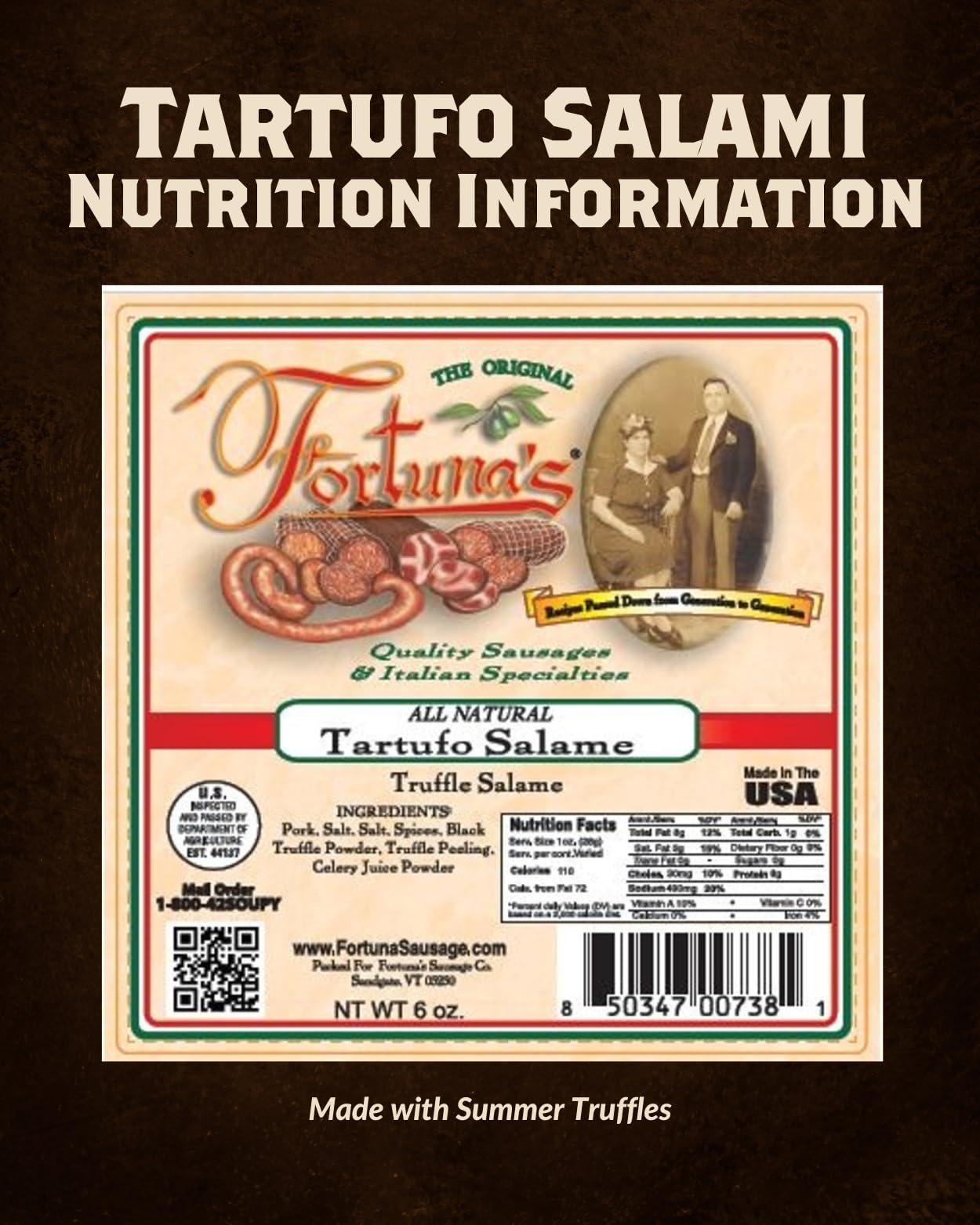 Fortuna's All Natural Salami with Black Truffle - Tartufo, 8 oz. Stick, Made in USA from 100% Natural Pork, Naturally Cured for a Rich Flavor - Perfect for Charcuterie Boards and Gourmet Snacking