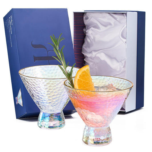 Iridescent Lustered Stemless Martini Glasses Set of 2 - Hammered Cocktail & Martini Glasses - Luxury Gift Box - Gold Rim 8oz Colorful Stemless Glassware - Weddings , Anniversary , Christmas , Barware