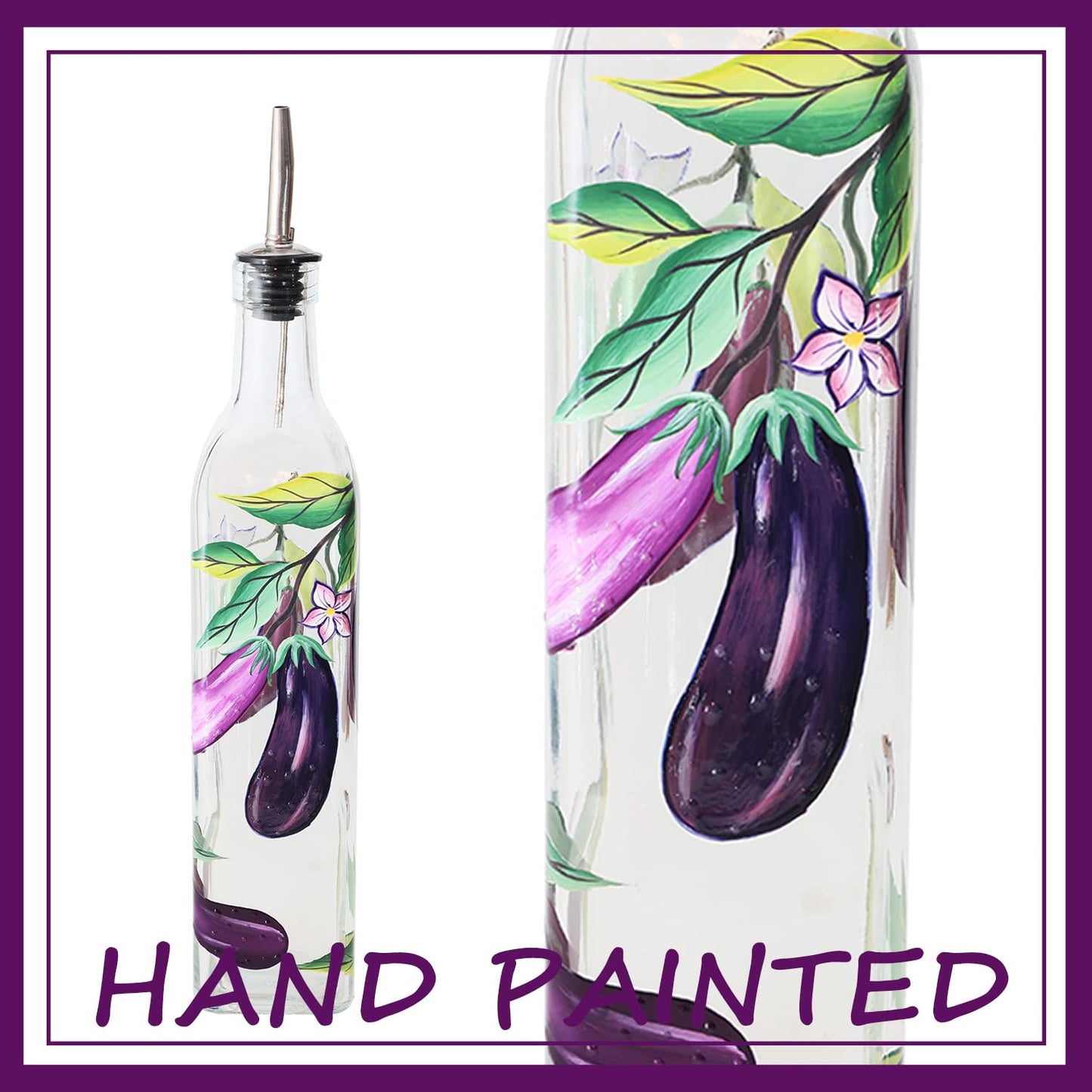 YIYUKODO 17oz Hand Painted Glass Olive Oil Bottle - 500ml Green Oil & Vinegar Cruet with Pourers - Olive Oil Carafe Decanter for Kitchen (eggplant)