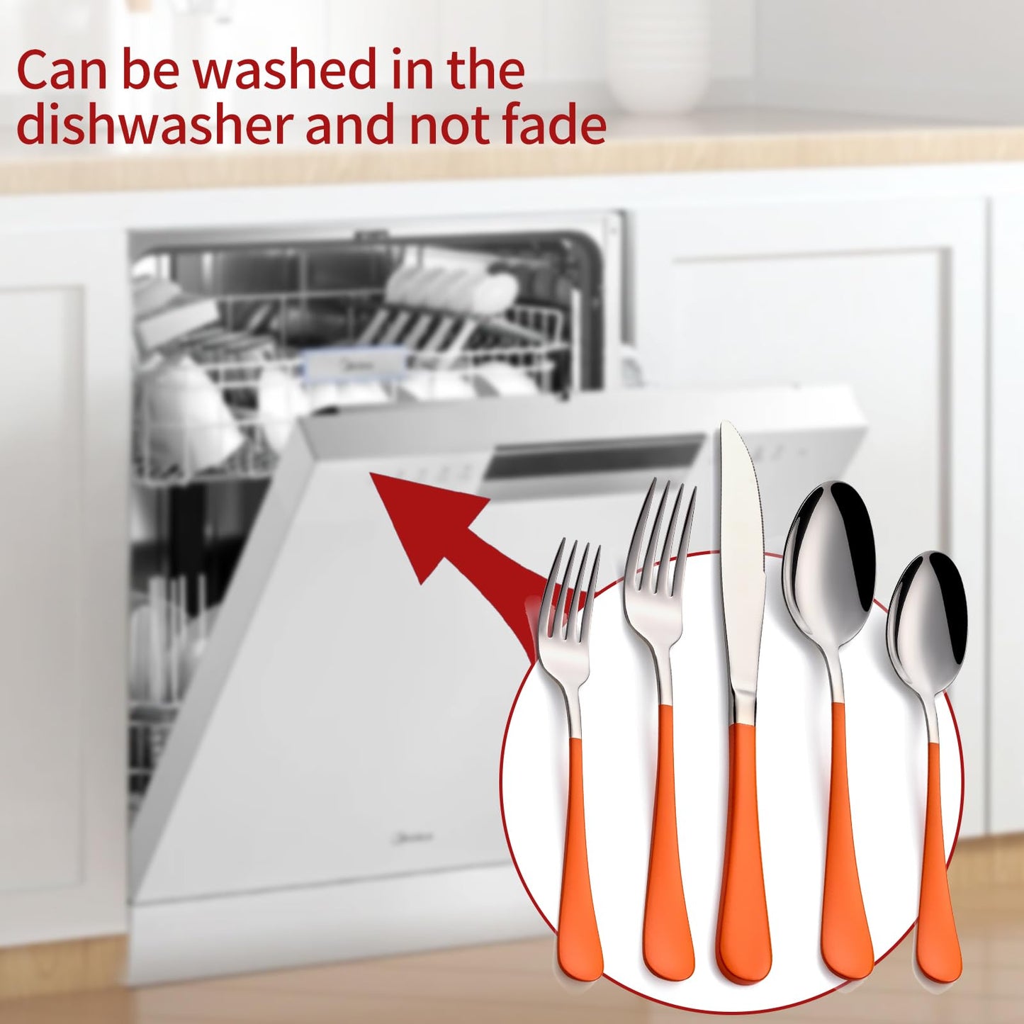 Tangerine 20-Piece  Silverware Set 18/0 Stainless Steel Flatware Orange Handle Cutlery Set Service for 4 Dinner Knives Forks Spoons Set Mirror Finish Dishwasher Safe