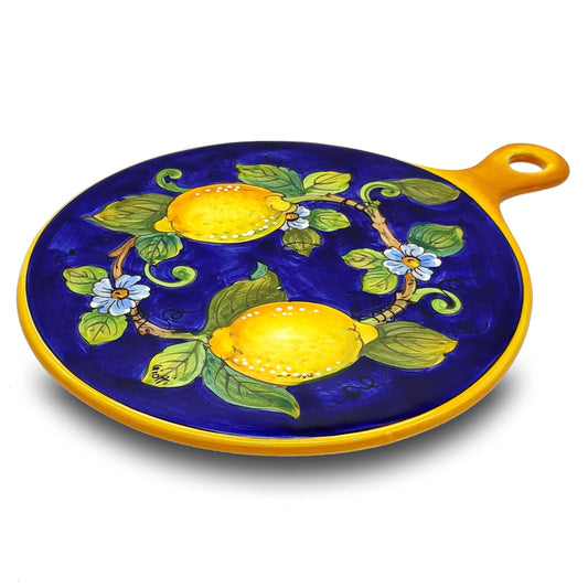 Italian Ceramic Cheese Board Lemon Blue - 10.38 inch Hand Painted Serving Platter for Kitchen - Made in ITALY Tuscany - Italian Pottery Serving Dish - Home Decor Ceramics Slate Cheese Tray