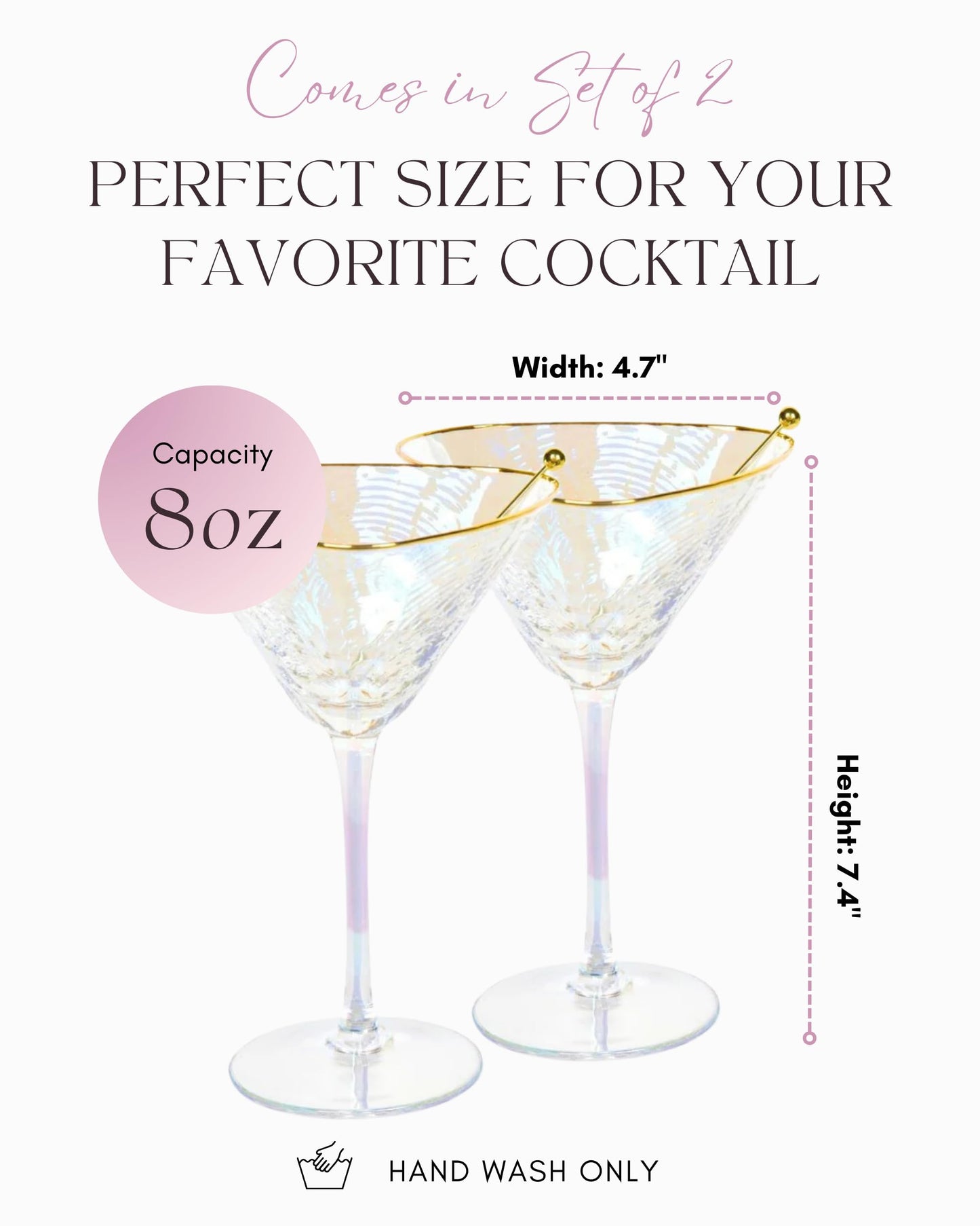 Sister.ly Drinkware Iridescent Handmade Hammered Martini Glasses with Gold Rim – Set of 2 – 8 oz, Perfect for Martinis, Cocktails, and Mocktails