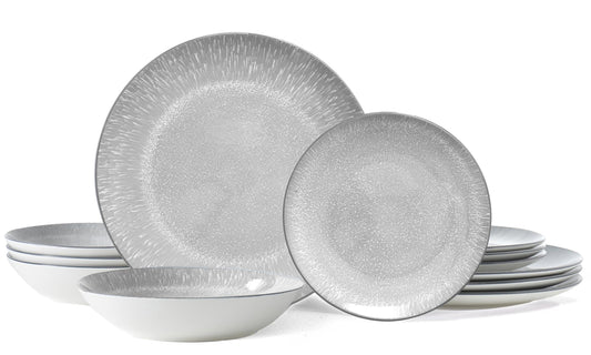 Bestone Plates and Bowls Sets,12 Pieces Round Porcelain Dinnerware Sets,Dishes, Plates, Dishware Sets,Chip Resistant Ceramic Dish Set Dining Dinner Ware Service for 4,Starry Sky Grey