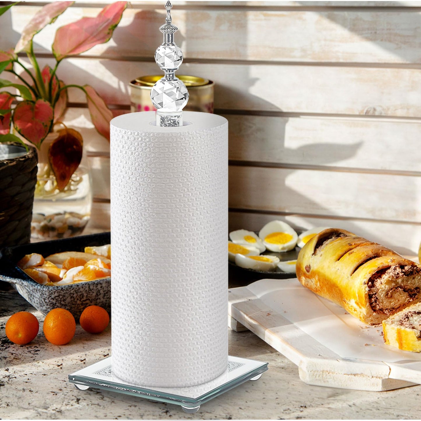 Crystal Paper Towel Holder, Bling Silver Paper Towel Roll Holder, Decorative Standing Paper Towel Holder for Kitchen Countertops Bathroom, Paper Towel Dispenser with Weighted Base (Square/Silver)