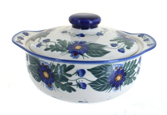 Blue Rose Polish Pottery Forget Me Not Round Covered Baker