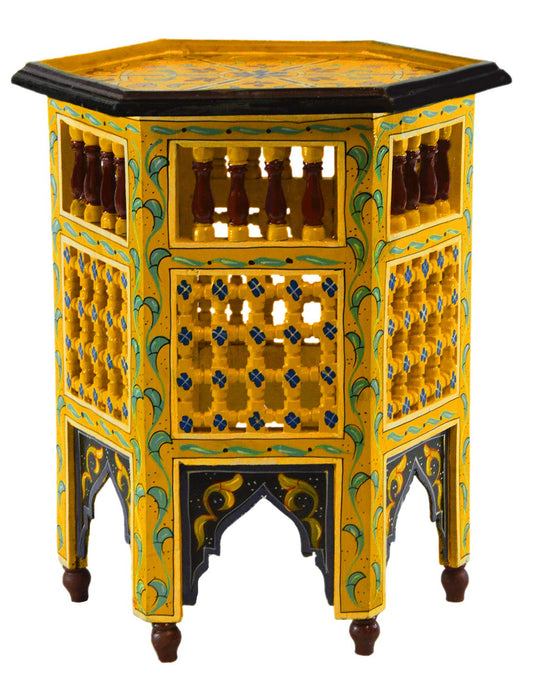 Moroccan Handmade Wood Table Side Moucharabi Delicate Hand Painted Yellow