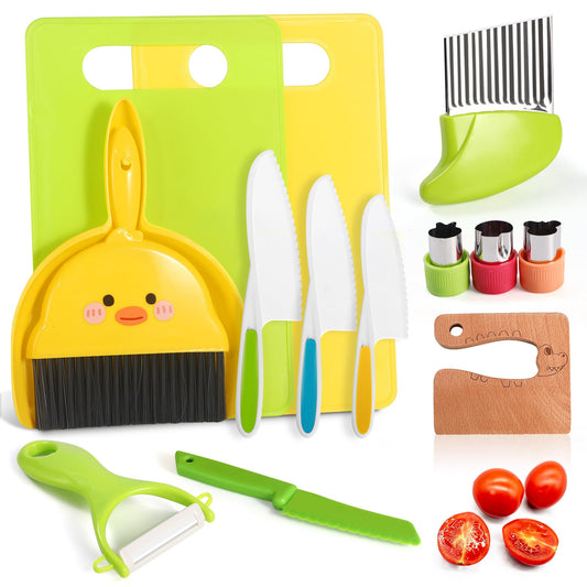14-Piece Montessori Kids Knife Set for Real Cooking - Safe Plastic and Wooden Kitchen Tool Gift for Toddler Ages 2-9 | Learning Toy with Crinkle / Sandwich Cutter & Cutting Board, Birthday