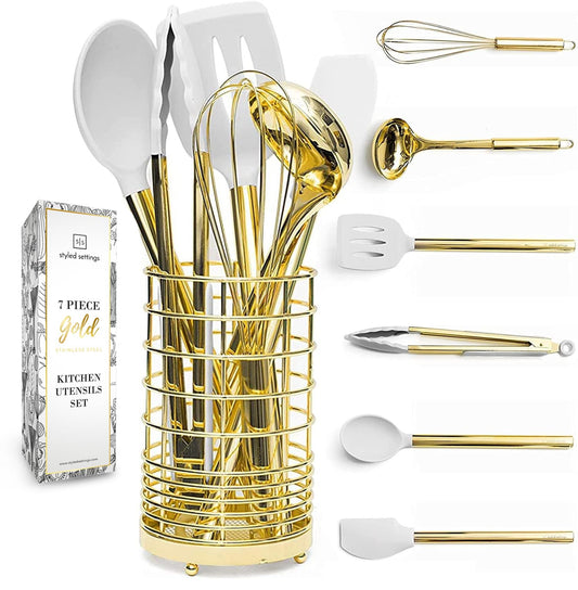 White Silicone and Gold Cooking Utensils Set with Gold Utensil Holder - 7-Piece Silicone Cooking Tools - Ideal for Nonstick Cookware and Stylish Modern Kitchens - Luxury Kitchen Accessories