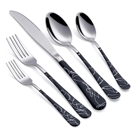 Black Cracks 20-Piece  Silverware Set 18/0 Stainless Steel Silverware Set Cutlery Black Set Service for 4 Dinner Knives Forks Spoons Set Flatware Set Finish Dishwasher Safe