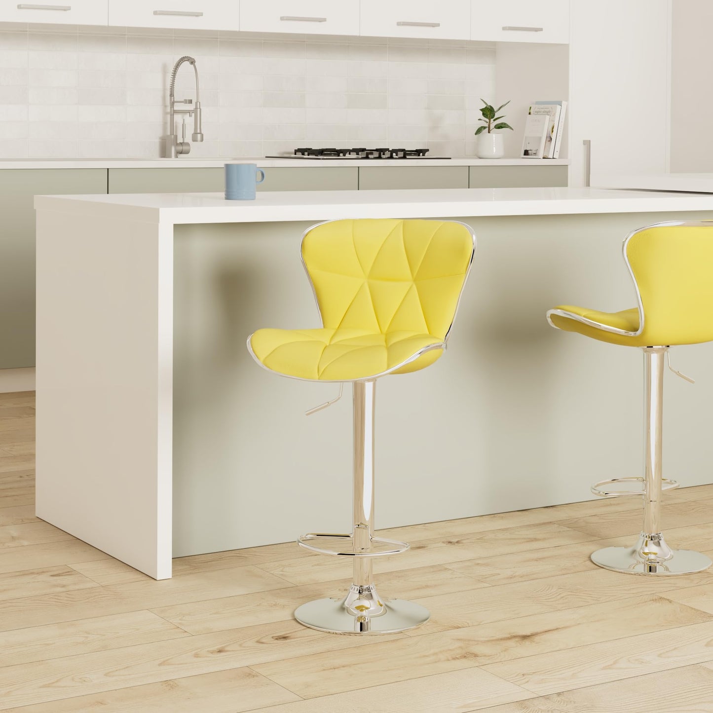 Leopard Shell Back Adjustable Swivel Bar Stools, PU Leather Padded with Back, Set of 2 (Yellow)