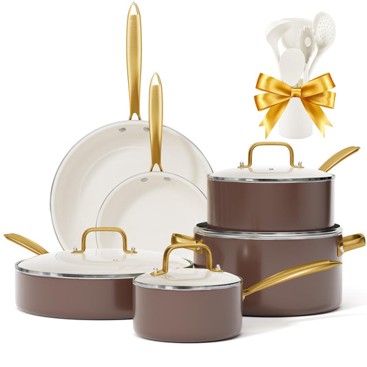 Kitchen Cookware Sets - Voniki Ceramic Pots and Pans Set Non Stick with Cooking Utensils Set, Non Toxic Cookware Set Dutch Oven Pot with Lid Saucepan Set Sauté Pan Frying Pan Set for Cooking Gifts